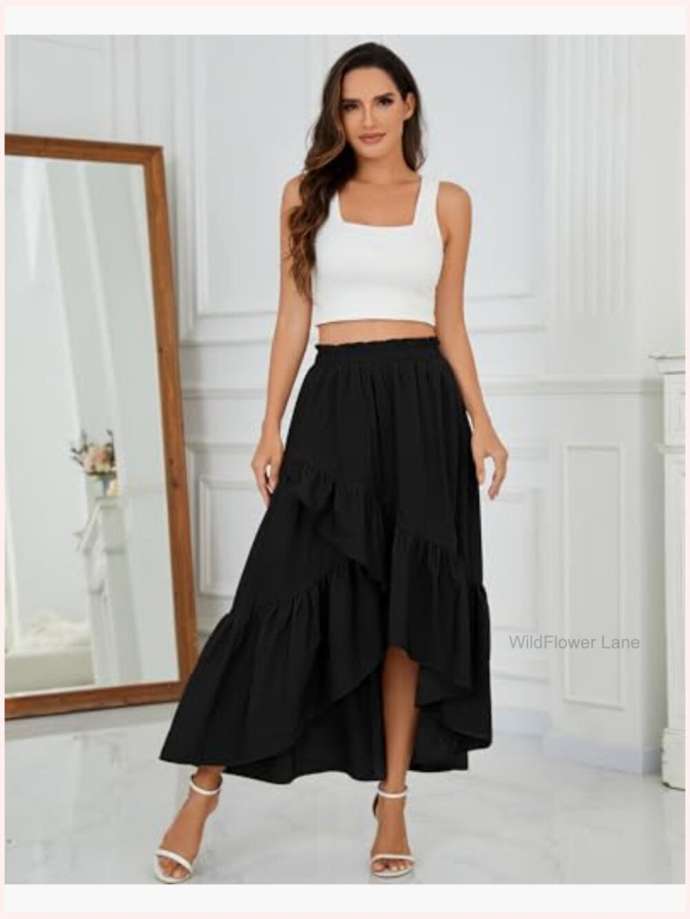 Western Boho Ruffle Maxi Skirt Asymmetrical High Low Flowy Midi - Picture 2 of 7